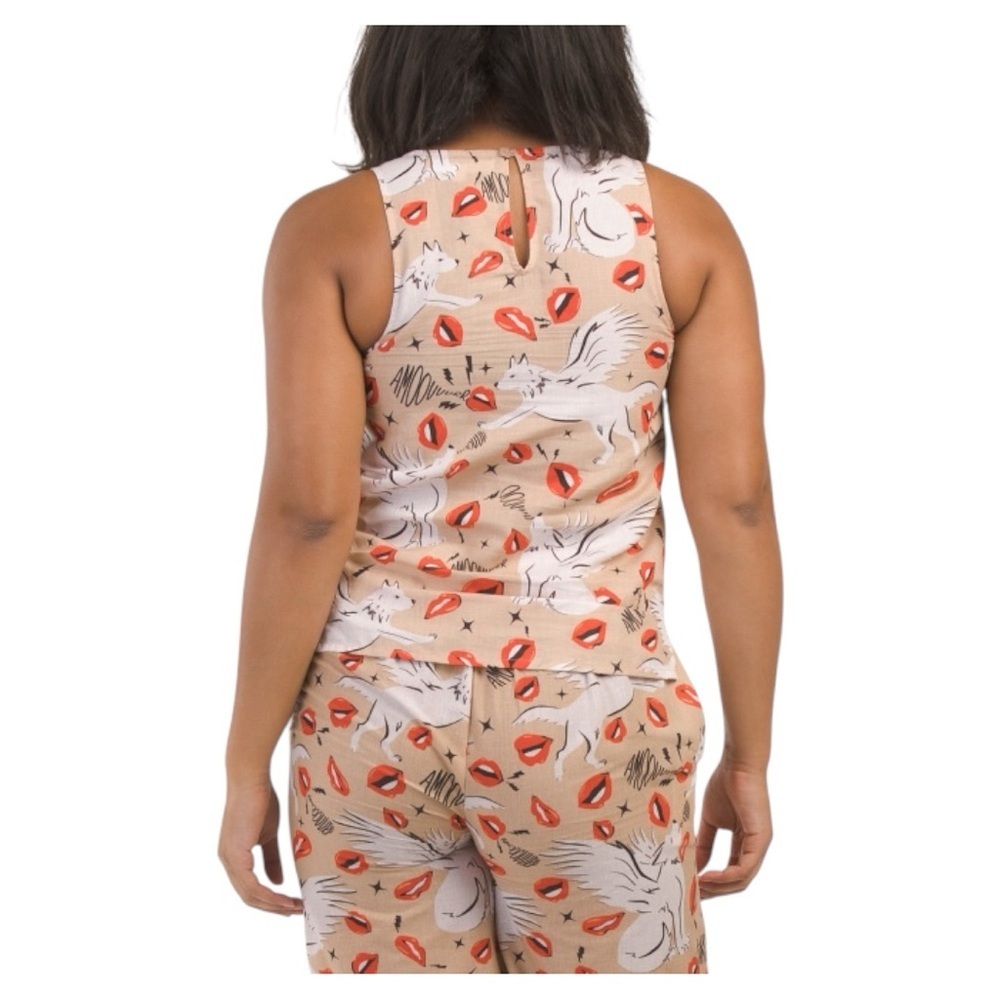 LAS SURENAS Wolf Kisses Amore Lip Print Linen Sleeveless Top Camisole Blouse NEW - Picture 8 of 15